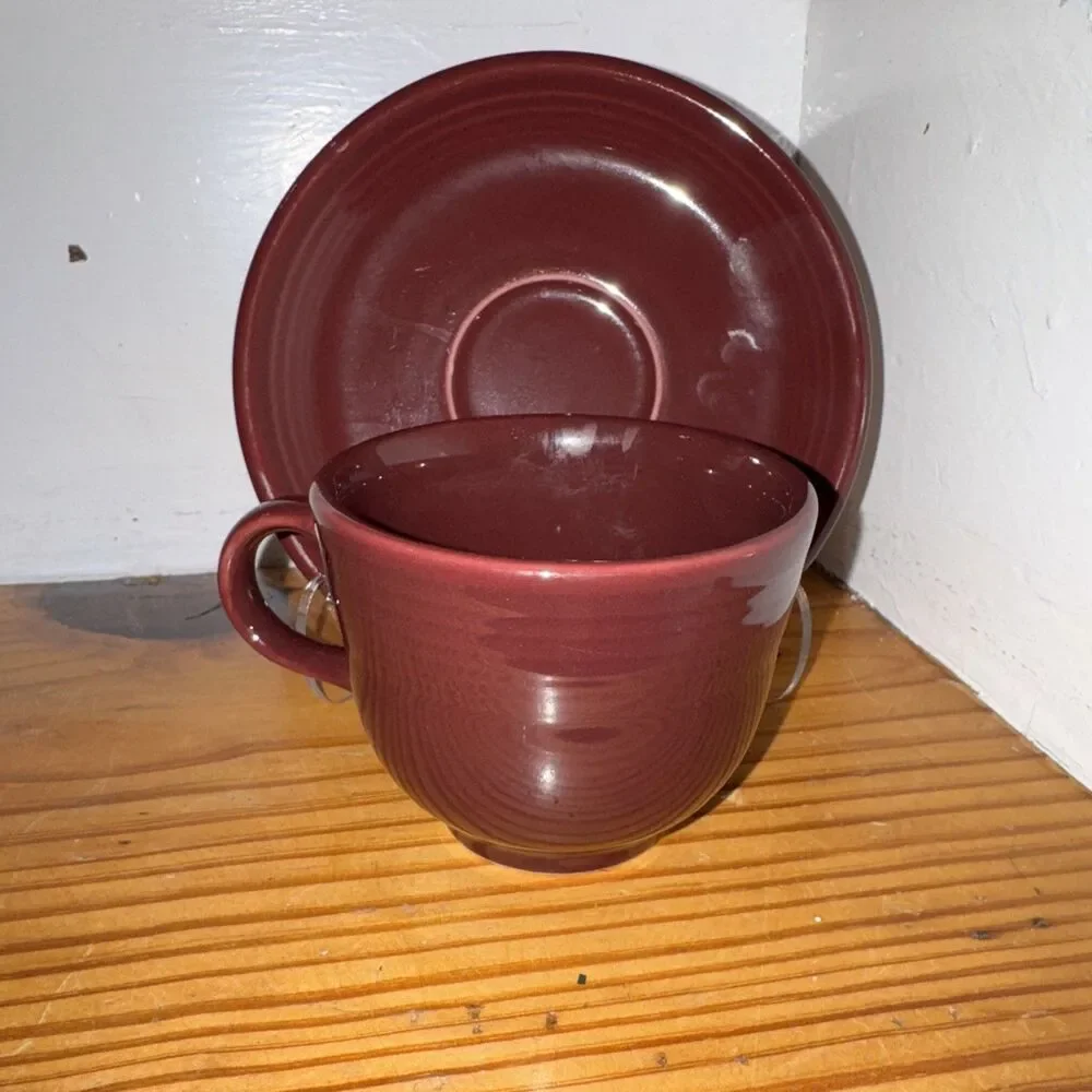 Fiesta Teacup and Saucer Set Cinnabar Maroon Retired Fiestaware | HLC Tea Cup